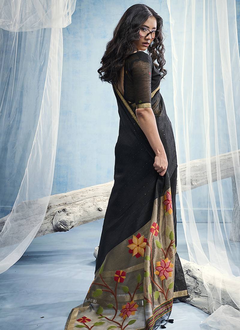 Black handloom silk blend weaving border saree with blouse