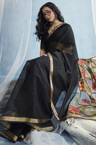 Black handloom silk blend weaving border saree with blouse