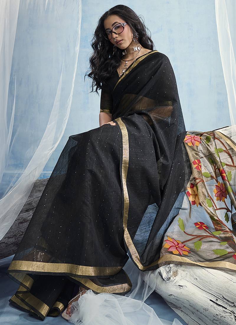 Black handloom silk blend weaving border saree with blouse