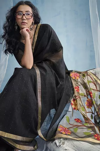 Black handloom silk blend weaving border saree with blouse