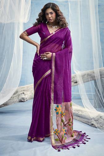 Purple handloom silk blend weaving border saree with blouse
