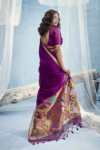 Purple handloom silk blend weaving border saree with blouse