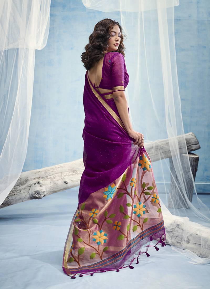 Purple handloom silk blend weaving border saree with blouse
