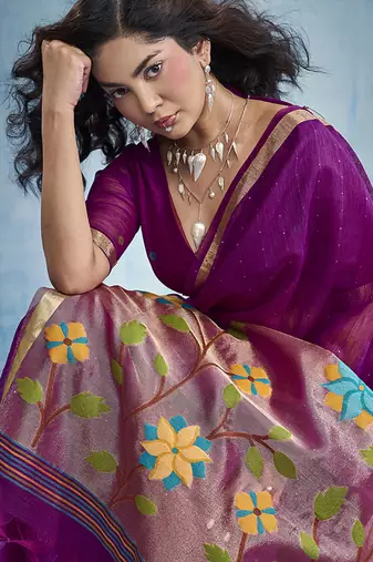 Purple handloom silk blend weaving border saree with blouse