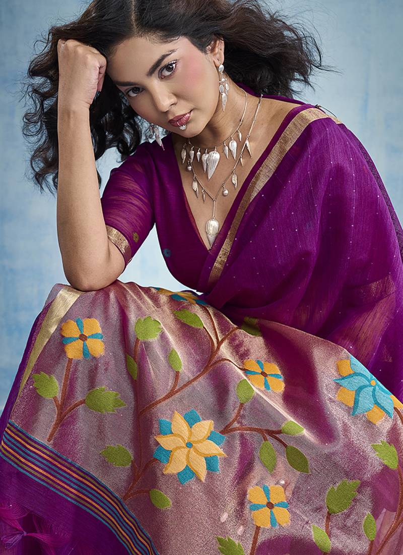 Purple handloom silk blend weaving border saree with blouse