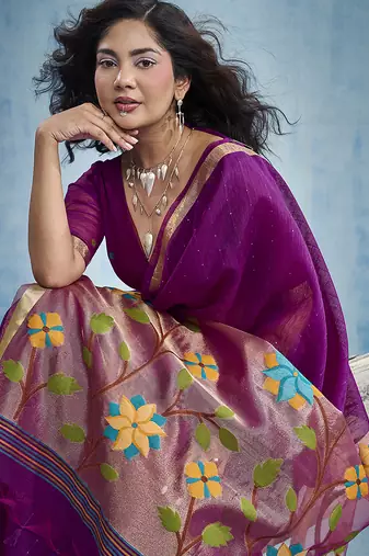 Purple handloom silk blend weaving border saree with blouse