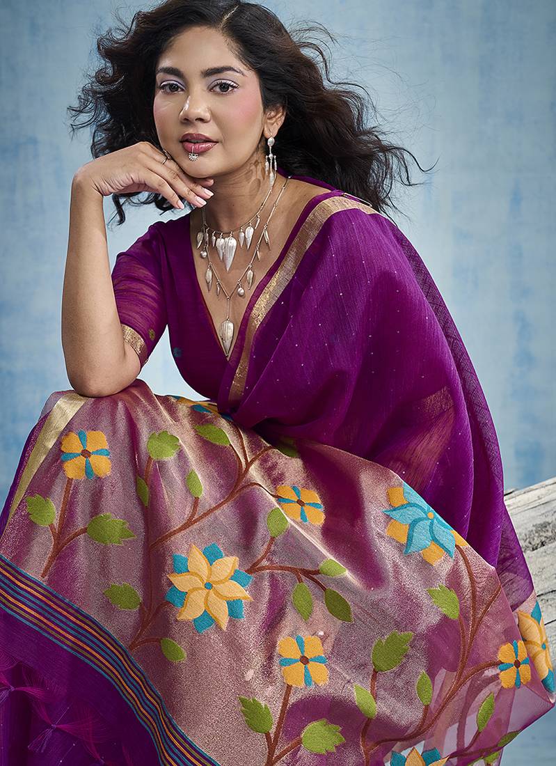 Purple handloom silk blend weaving border saree with blouse
