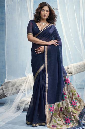 Navy blue handloom silk blend weaving border saree with blouse