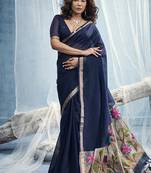 Navy blue handloom silk blend weaving border saree with blouse