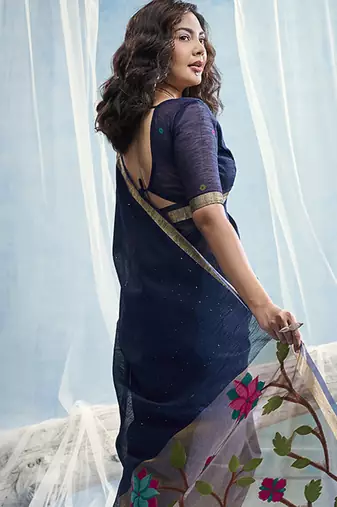 Navy blue handloom silk blend weaving border saree with blouse