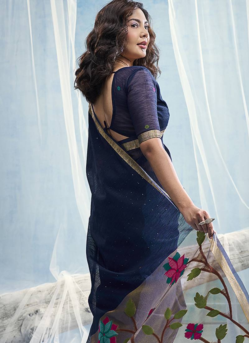Navy blue handloom silk blend weaving border saree with blouse