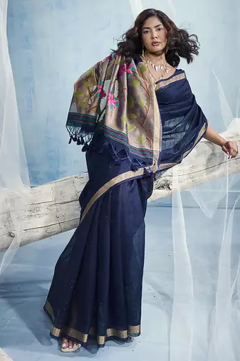 Navy blue handloom silk blend weaving border saree with blouse