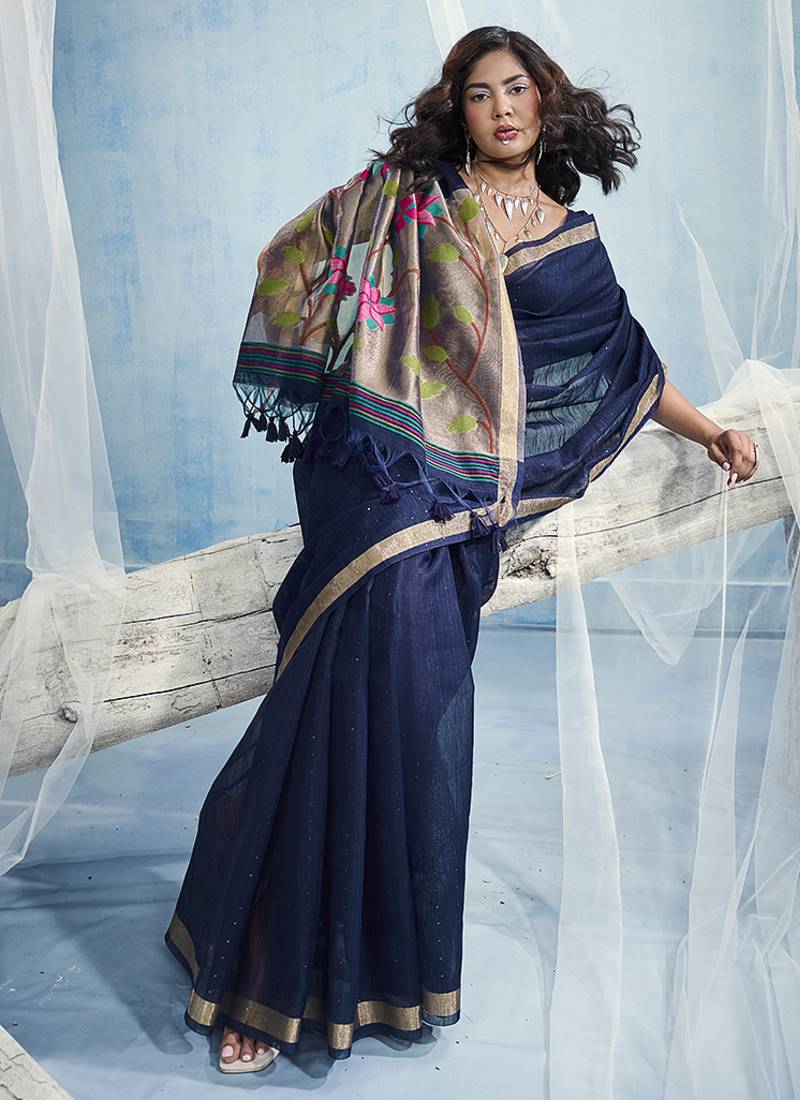 Navy blue handloom silk blend weaving border saree with blouse