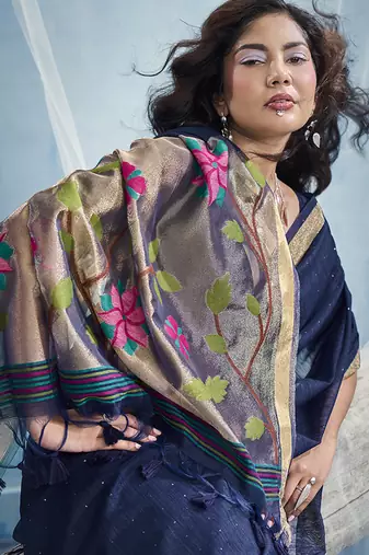 Navy blue handloom silk blend weaving border saree with blouse
