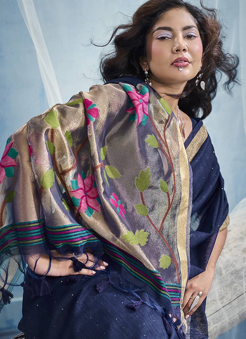Navy blue handloom silk blend weaving border saree with blouse