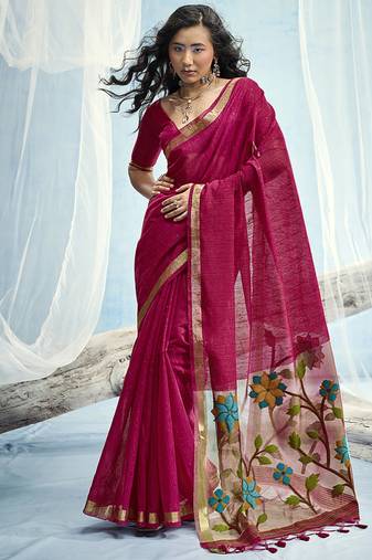 Rani pink handloom silk blend weaving border saree with blouse