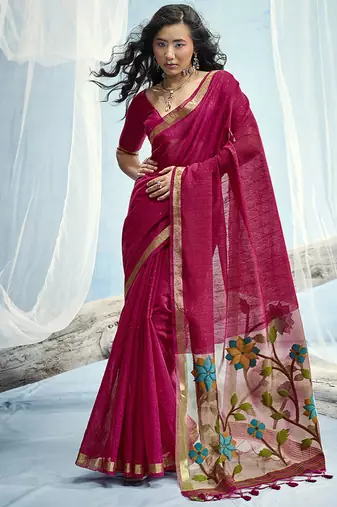 Rani pink handloom silk blend weaving border saree with blouse