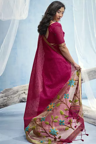 Rani pink handloom silk blend weaving border saree with blouse
