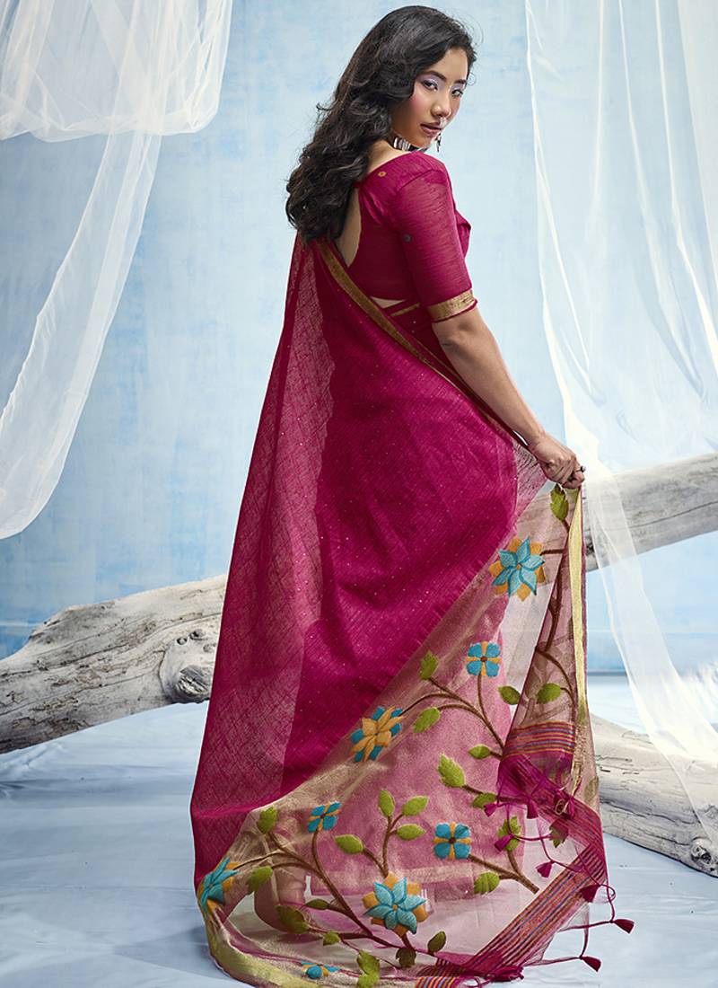 Rani pink handloom silk blend weaving border saree with blouse