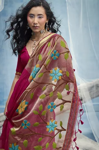 Rani pink handloom silk blend weaving border saree with blouse