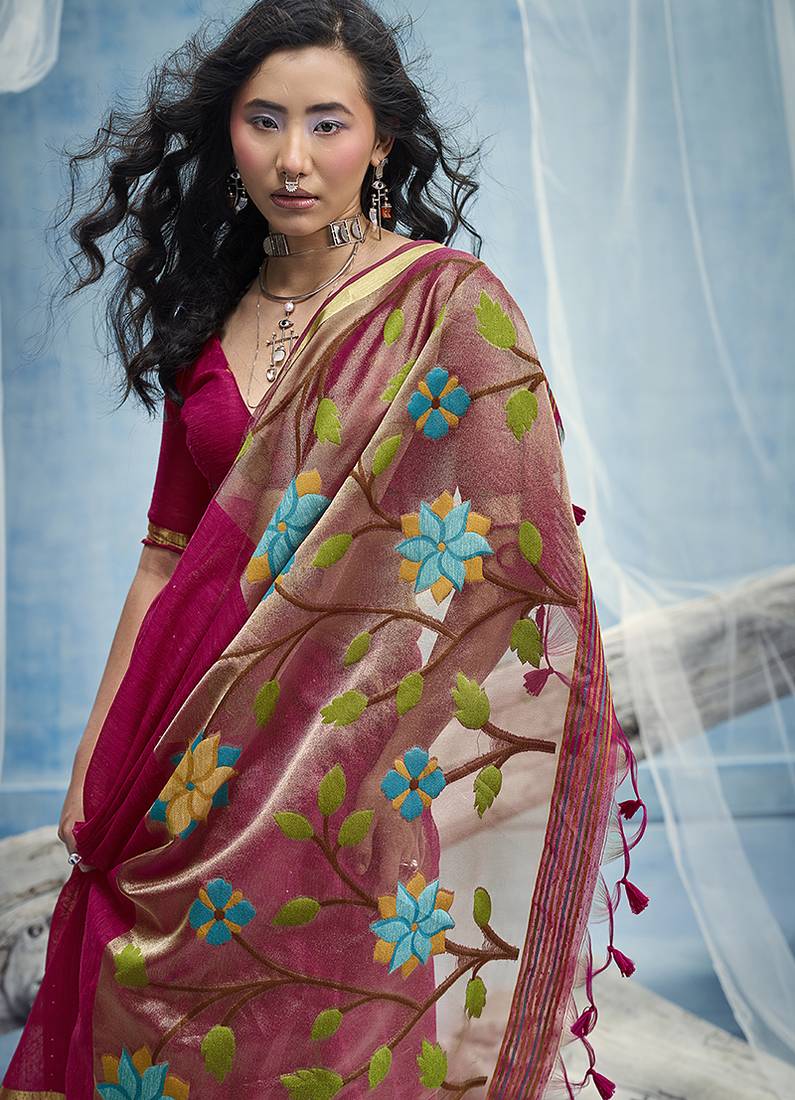 Rani pink handloom silk blend weaving border saree with blouse