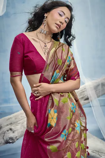 Rani pink handloom silk blend weaving border saree with blouse
