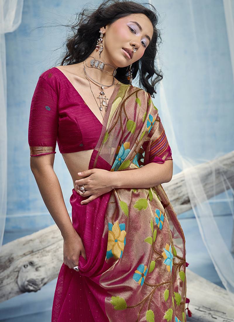 Rani pink handloom silk blend weaving border saree with blouse