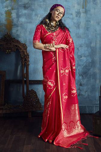 Crimson red satin weaving handloom silk blend saree