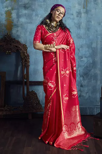 Crimson red satin weaving handloom silk blend saree