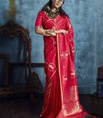 Crimson red satin weaving handloom silk blend saree