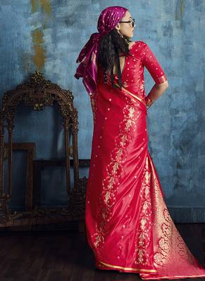 Crimson red satin weaving handloom silk blend saree 2