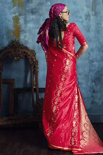 Crimson red satin weaving handloom silk blend saree