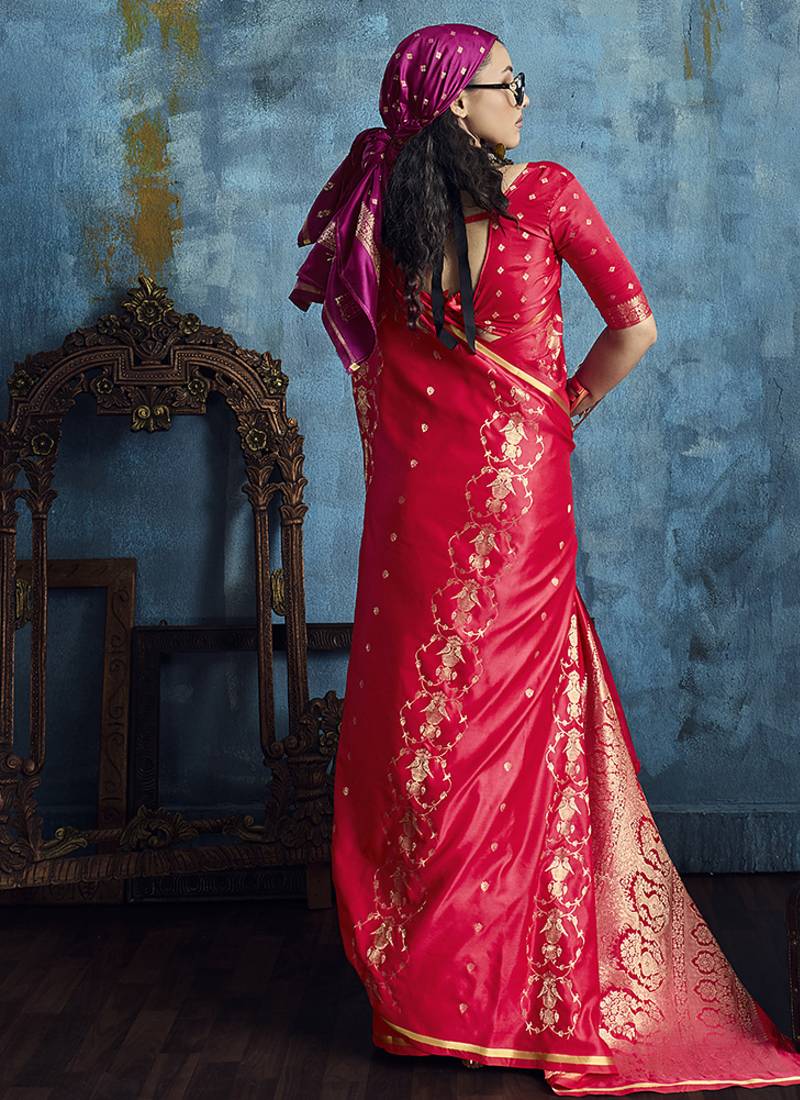 Crimson red satin weaving handloom silk blend saree