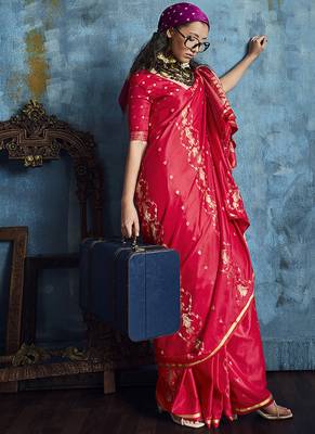 Crimson red satin weaving handloom silk blend saree 3