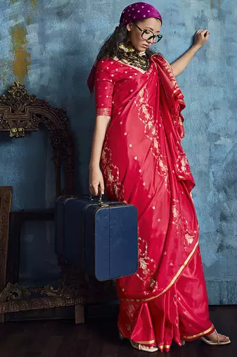Crimson red satin weaving handloom silk blend saree