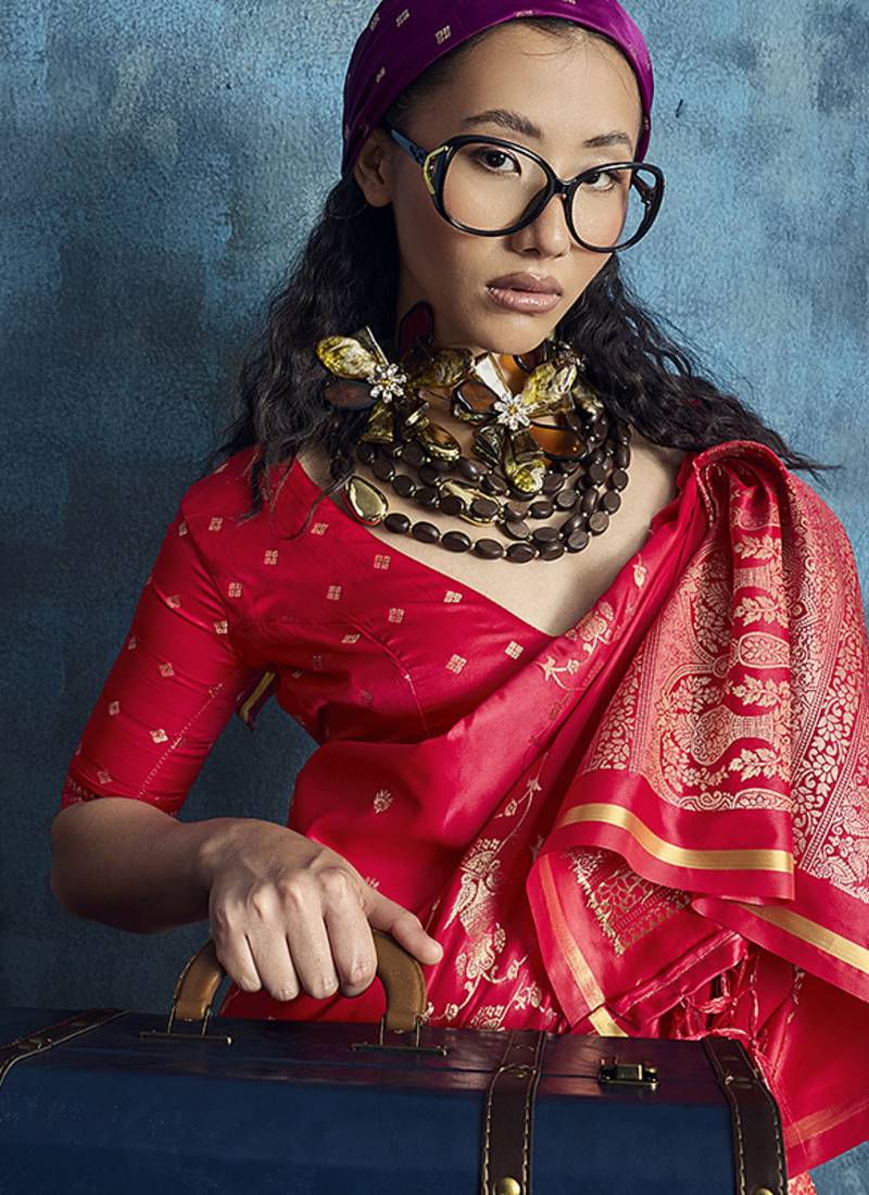 Crimson red satin weaving handloom silk blend saree