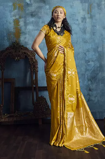 Mustard satin weaving handloom silk blend saree