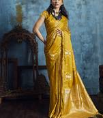 Mustard satin weaving handloom silk blend saree
