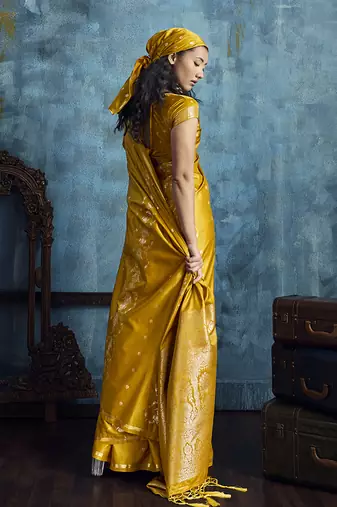 Mustard satin weaving handloom silk blend saree