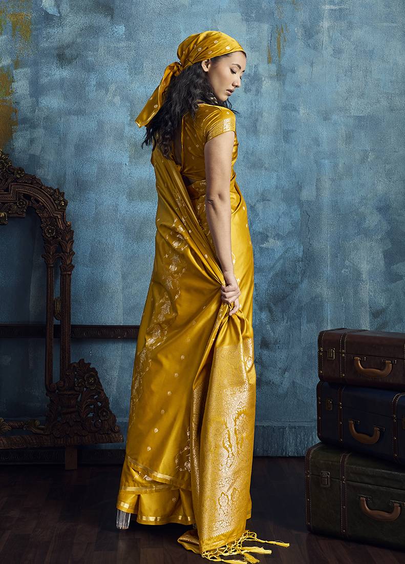 Mustard satin weaving handloom silk blend saree