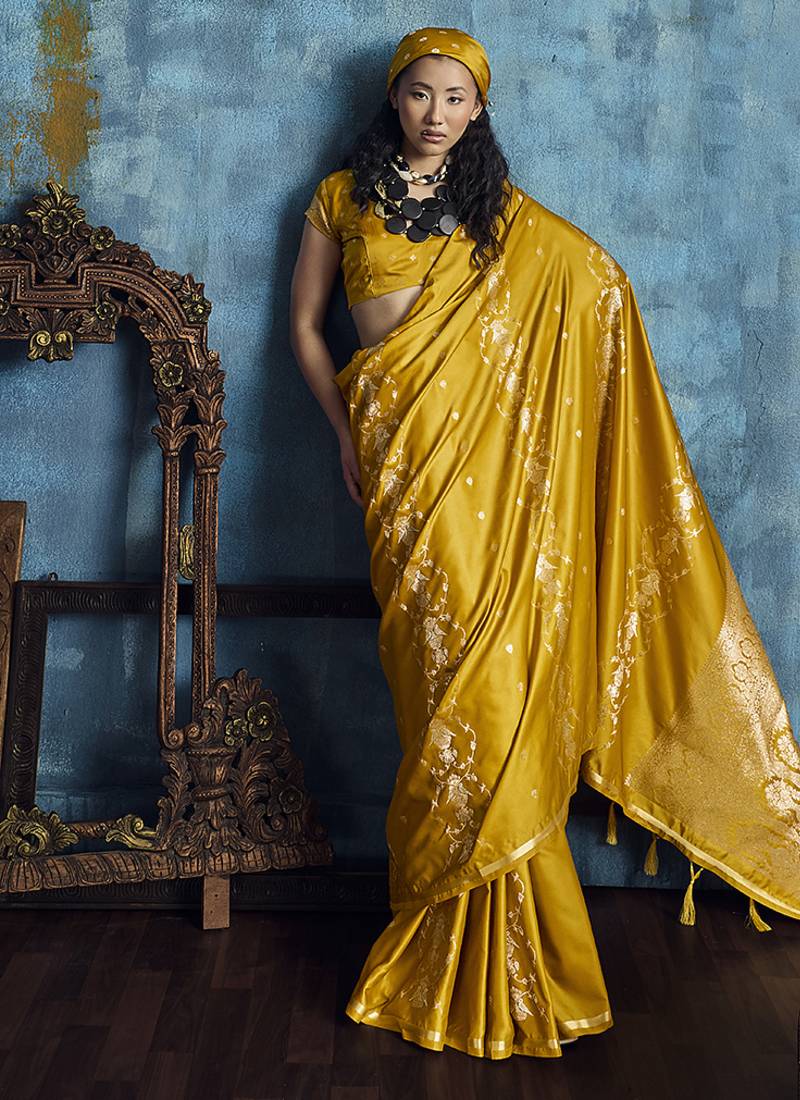 Mustard satin weaving handloom silk blend saree