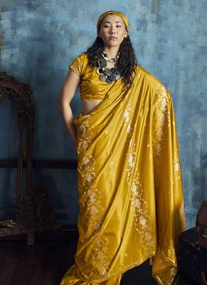 Mustard satin weaving handloom silk blend saree 4