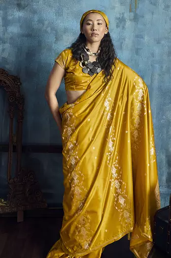 Mustard satin weaving handloom silk blend saree