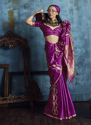 Magenta satin weaving handloom silk blend saree 3