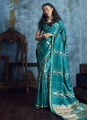 Teal green satin weaving handloom silk blend saree 1
