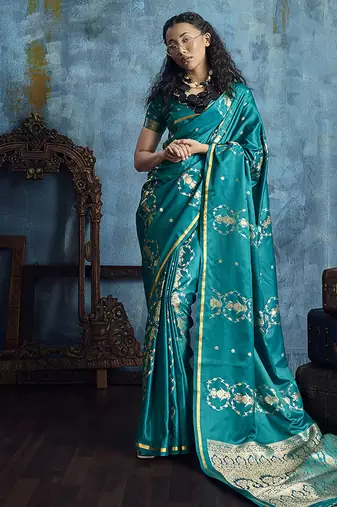 Teal green satin weaving handloom silk blend saree
