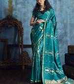 Teal green satin weaving handloom silk blend saree