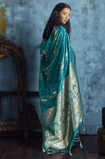 Teal green satin weaving handloom silk blend saree