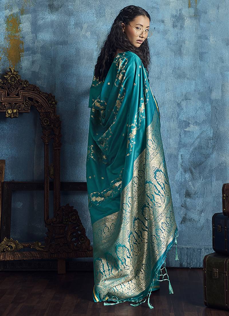 Teal green satin weaving handloom silk blend saree