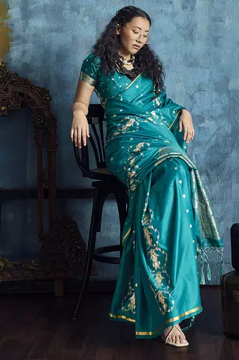 Teal green satin weaving handloom silk blend saree